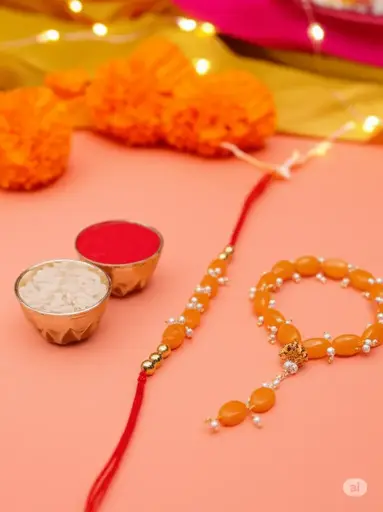 Yellow beaded Bhaiya Bhabhi Rakhi Combo